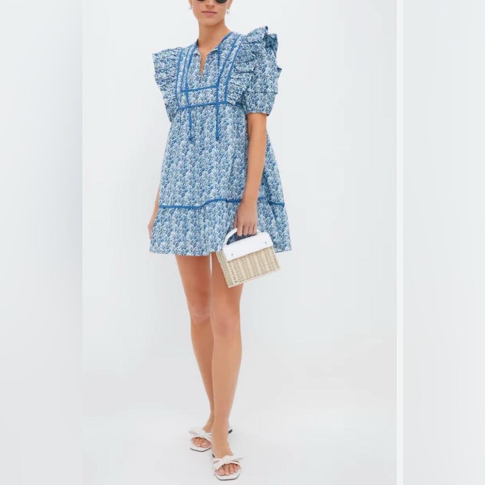 Blue Floral Ruffle-Sleeve Mini Dress